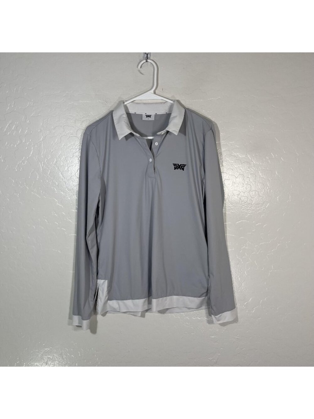PXG Polo Shirt Womens Large Gray White Long Sleeve Golf Top Stretch Athletic
